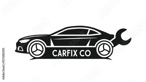 Modern black car silhouette with wrench for automotive repair and service company logo