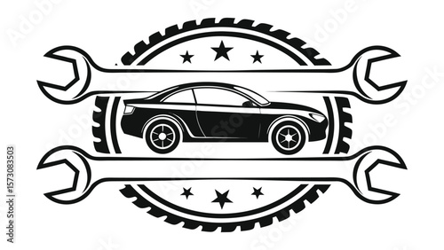 Automotive service emblem featuring a sports car and crossed wrenches