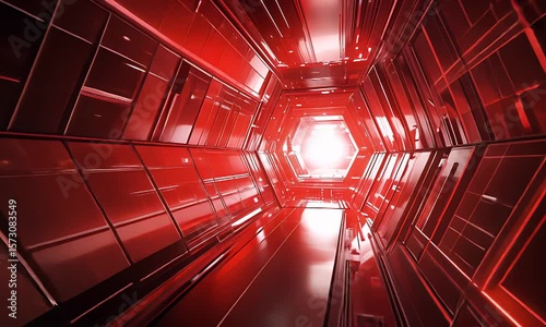 Futuristic red tunnel with glowing light at the end, creating a sense of depth and motion