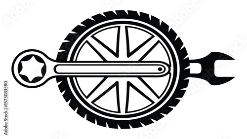Stylized black and white tire and wrench symbol representing automotive repair and service