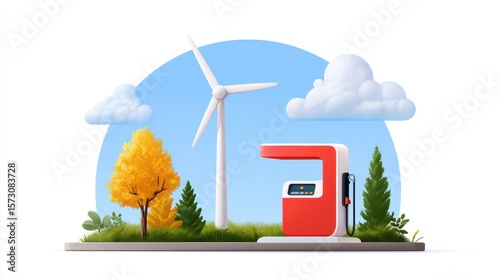 A colorful illustration featuring a wind turbine, gas station, and trees under a blue sky with clouds, symbolizing energy and nature.