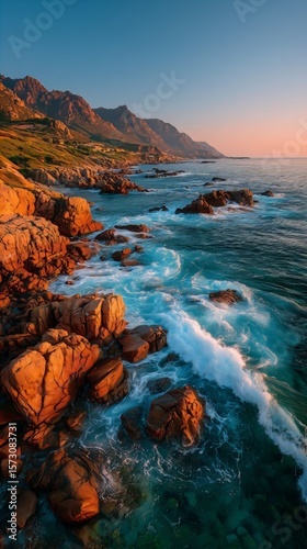 Coastal Scenery With Mocha Rocks And Ocean Under Warm Sunset Blue Horizon