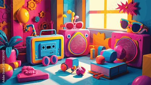 Retro boombox and cassette player pink blue