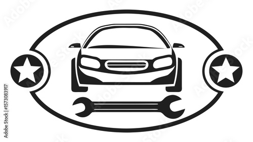 Automotive service emblem with car silhouette wrenches and stars