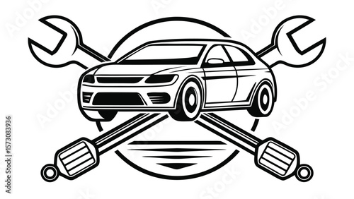 Stylized black and white illustration of a car with crossed wrenches and circular emblem