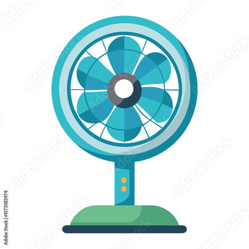 Retro style teal electric fan with green base on white background