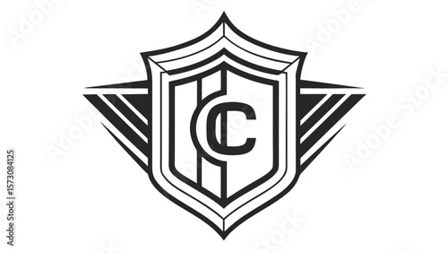 Modern shield emblem with stylized letter c and geometric accents