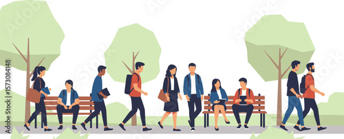 University students walking in park illustration vector stock image art