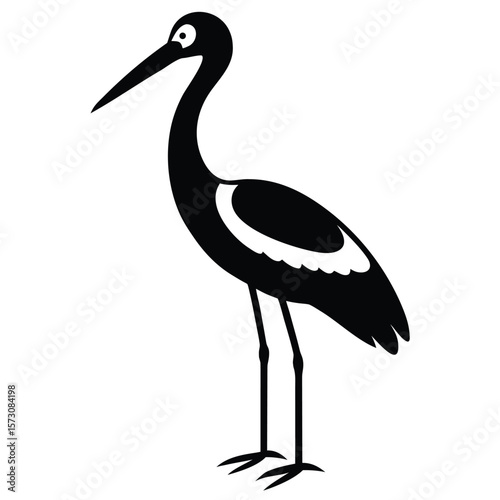 Solemn black cartoon heron elegantly stands gracefully against a transparent background in minimalist style