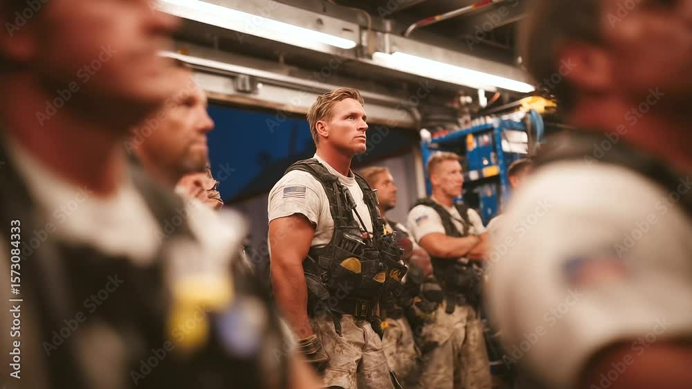 A dramatic tableau of medics, firefighters, and technical responders receiving instructions under harsh fluorescent lights, each person framed by equipment bins and mission-ready g