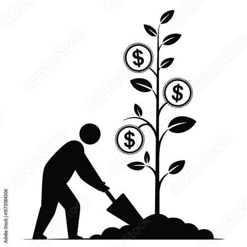 Person planting money tree symbolizing investment and financial growth black and white vector illustration