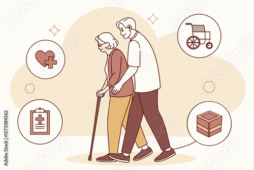 Elderly couple walking with support surrounded by healthcare service icons