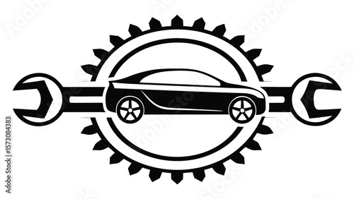 Black and white graphic of a car silhouette inside a gear with wrenches on either side