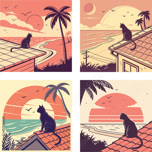 A silhouette of a cat  sitting on a rooftop with a retro sunset.