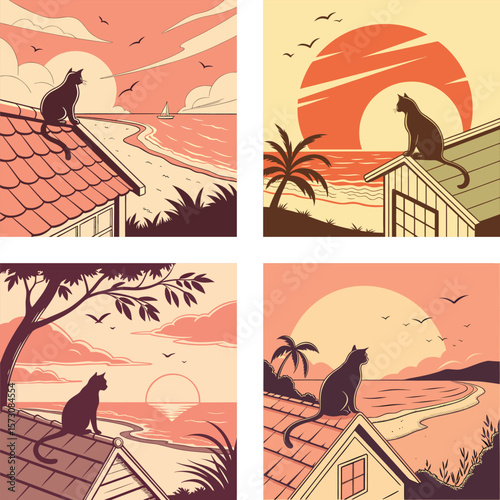 A silhouette of a cat  sitting on a rooftop with a retro sunset.