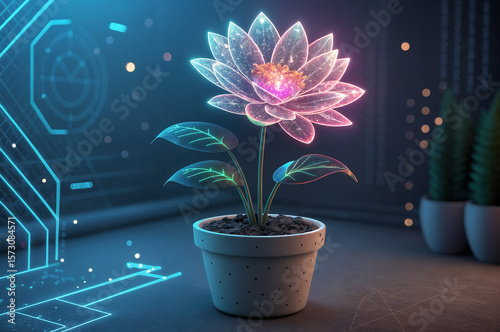 features a glowing, transparent lotus flower with a vibrant pink center and green leaves, placed in a white pot. The background is a dark, futuristic setting with neon blue lights and digital elements