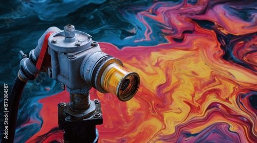 Metallic valve against a vibrant, swirling colorful background, suggesting themes of energy and transformation.