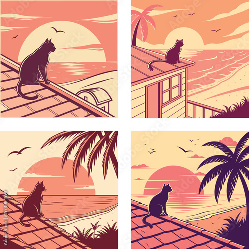 A silhouette of a cat  sitting on a rooftop with a retro sunset.