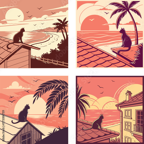 A silhouette of a cat  sitting on a rooftop with a retro sunset.