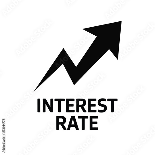 Vector illustration of a bold upward arrow labeled interest rate, symbolizing financial increase on a clean white background