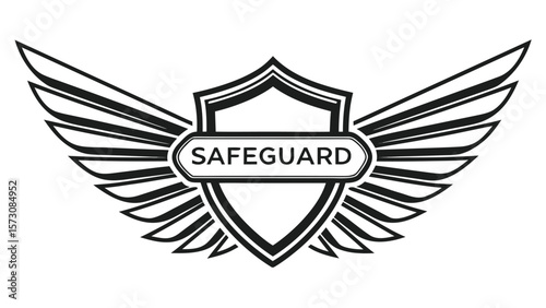Stylized winged shield with the word safeguard in the center