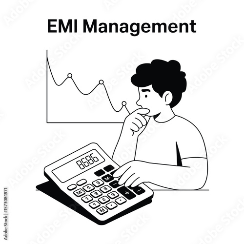 Vector illustration of person using calculator for EMI management with declining debt graph in clean black and white style