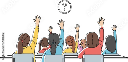 Students raising hands in class asking questions education concept image vector