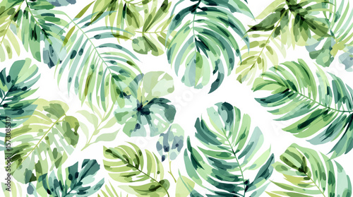 Watercolor pattern palm leaves on white background

