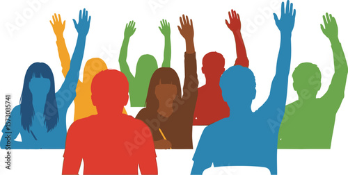 Students raising hands in class for questions answers education concept art