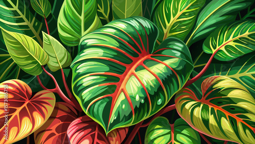 Very beautiful Close up tropical nature green leaf caladium texture background.
