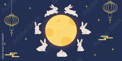 Cute bunnies celebrating mid-autumn festival under full moon. Vector illustration