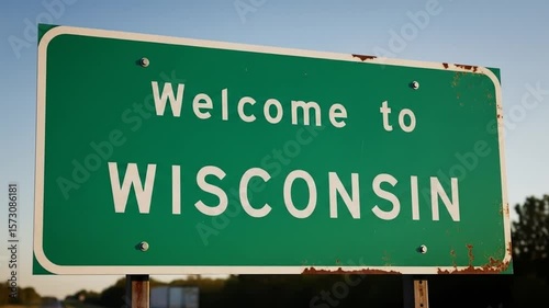 Video footage showcasing various close up angles of a welcome to wisconsin road sign at sunset