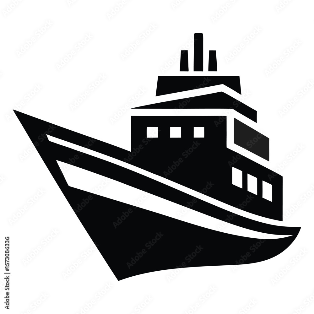 Obraz premium Stylized black silhouette of a modern cruise ship isolated on white background