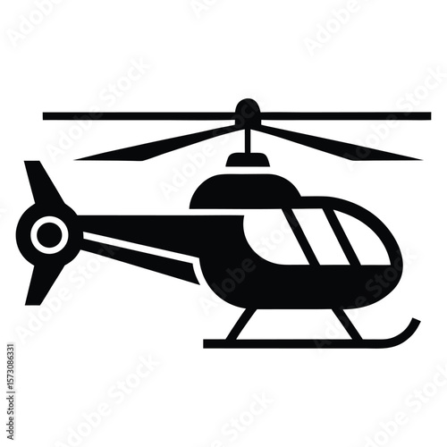 Black silhouette of a helicopter with rotor blades and skids isolated on white background