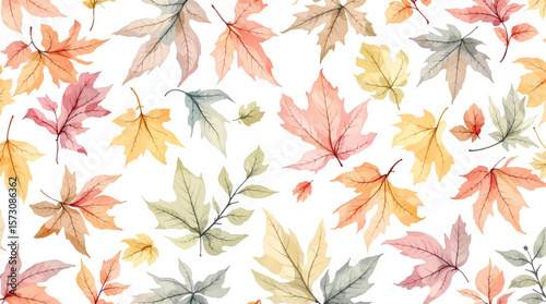 Watercolor background pattern autumn leaves on white background