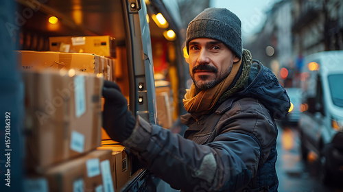 Wallpaper Mural Delivery worker sorting packages into van on busy street during winter Torontodigital.ca