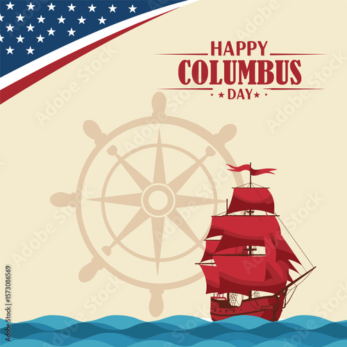 Columbus Day copy space Background Celebration with America flag and Columbus ship silhouette
