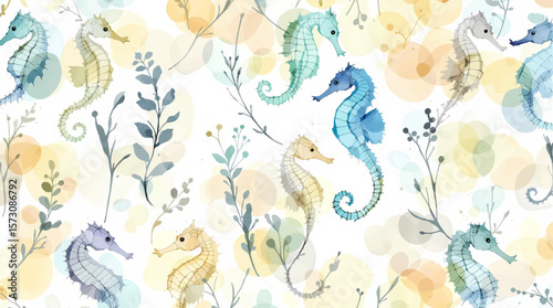 Watercolor pattern sea ​​horse on white background