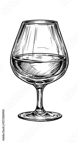 Sketch of a cognac glass with clear water on a white background, copy space
