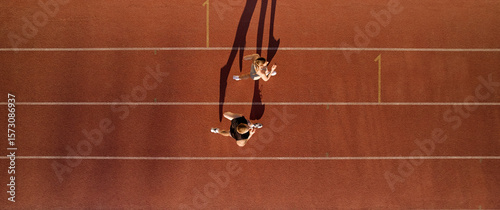 Top down view of two runners training on red running track