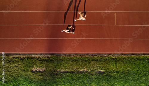 Photos Aerial view of couple jogging on running track with long shadows