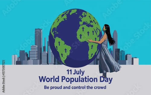 A digital illustration for World Population Day with a bright turquoise background featuring a cityscape of modern buildings