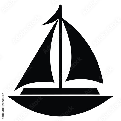 Simple dark blue sailboat silhouette with sails full of wind isolated on white background