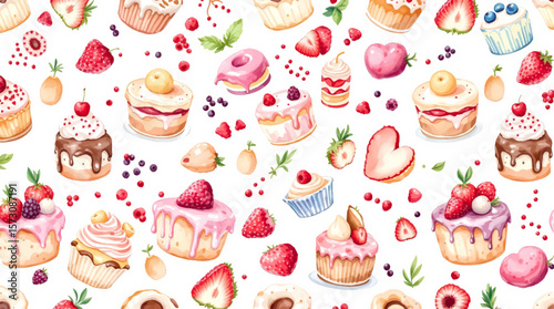 Watercolor Sweet desserts pattern on white background
