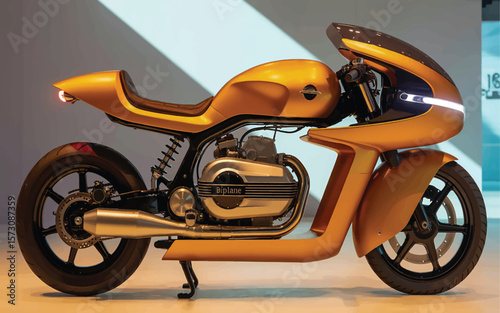 A futuristic concept motorcycle with a metallic gold-orange body and black accents