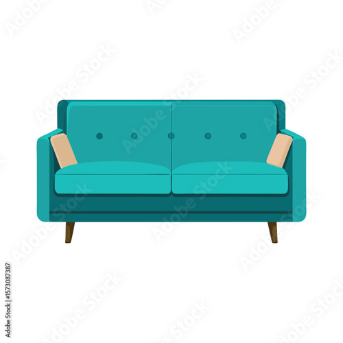 Modern teal two seater sofa with tapered wooden legs and button tufting