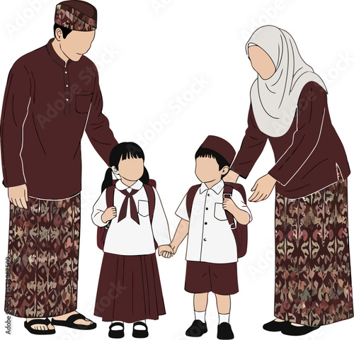 Illustration of muslim family going to school together with parents and kids