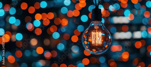 Glowing Vintage Light Bulb with Colorful Bokeh Background