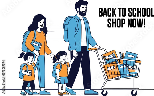 Back to school shopping family buying school supplies for children vector art