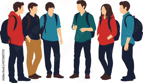 Stock vector illustration of group of students with backpacks talking vector